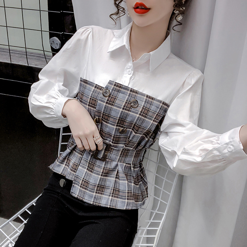 1617436517668.jpg Women s Fake Two Piece Blouse With Plaid Shirt - Image 1