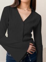 Lapel Cardigan Flare Sleeve Blouse Women - Image 7