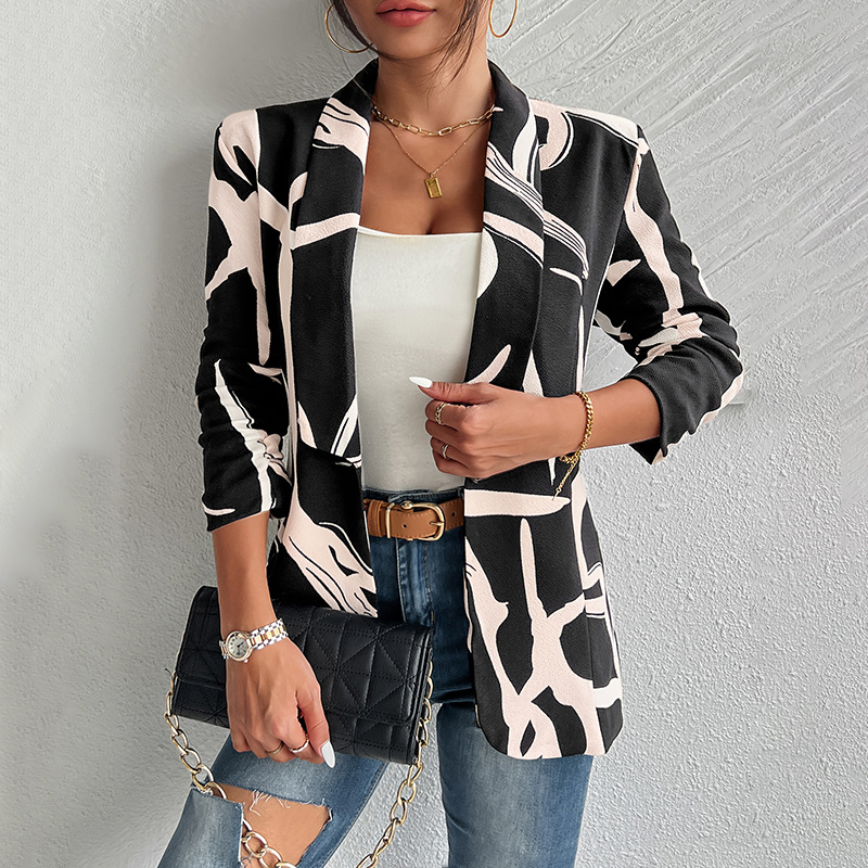 60fff3d5-034b-49ce-981b-9a0477cafb80.jpg Women's Abstract Print Blazer Button Front Lapel Long Sleeve Office Blazer Elegant Work Jacket For Women - Image 1