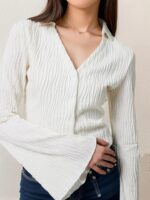 Lapel Cardigan Flare Sleeve Blouse Women - Image 6