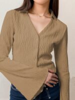 Lapel Cardigan Flare Sleeve Blouse Women - Image 8